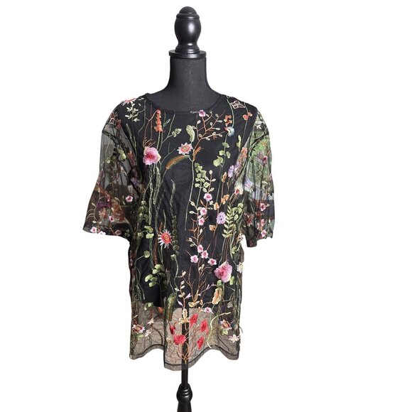 Y2K Fresh of LA Women's Colorful Floral Embroidered Black Sheer Top Size XL - Picture 1 of 8